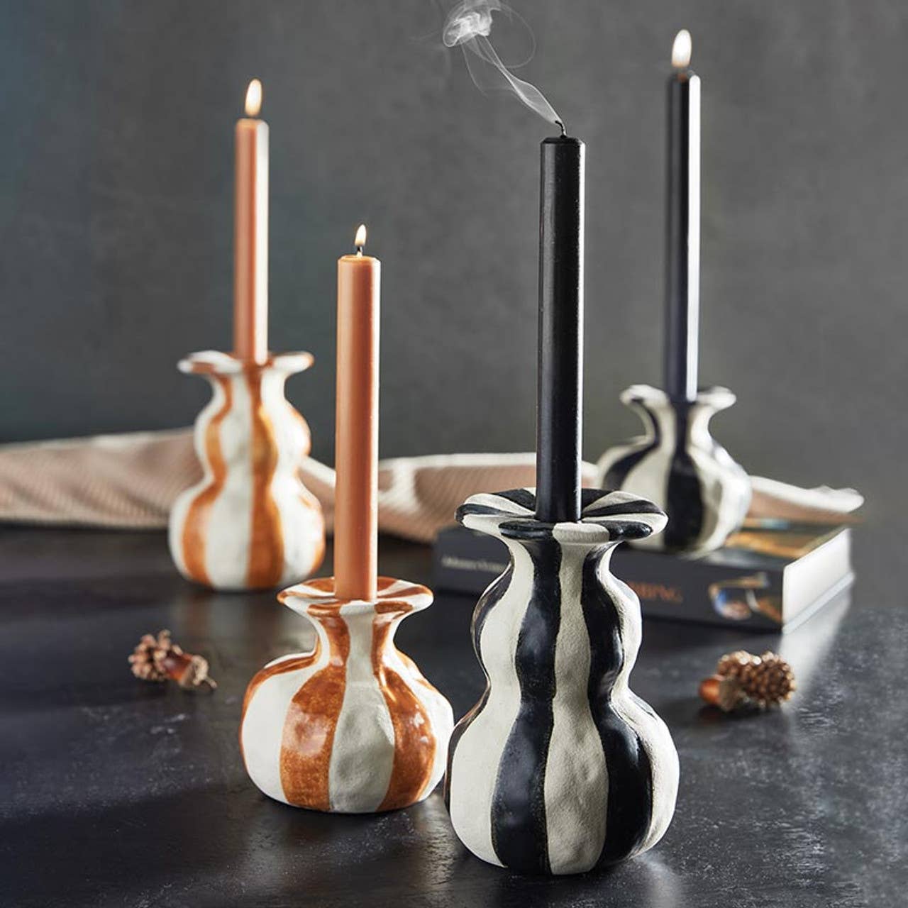 Orange Striped Ceramic Candle Holder - Large