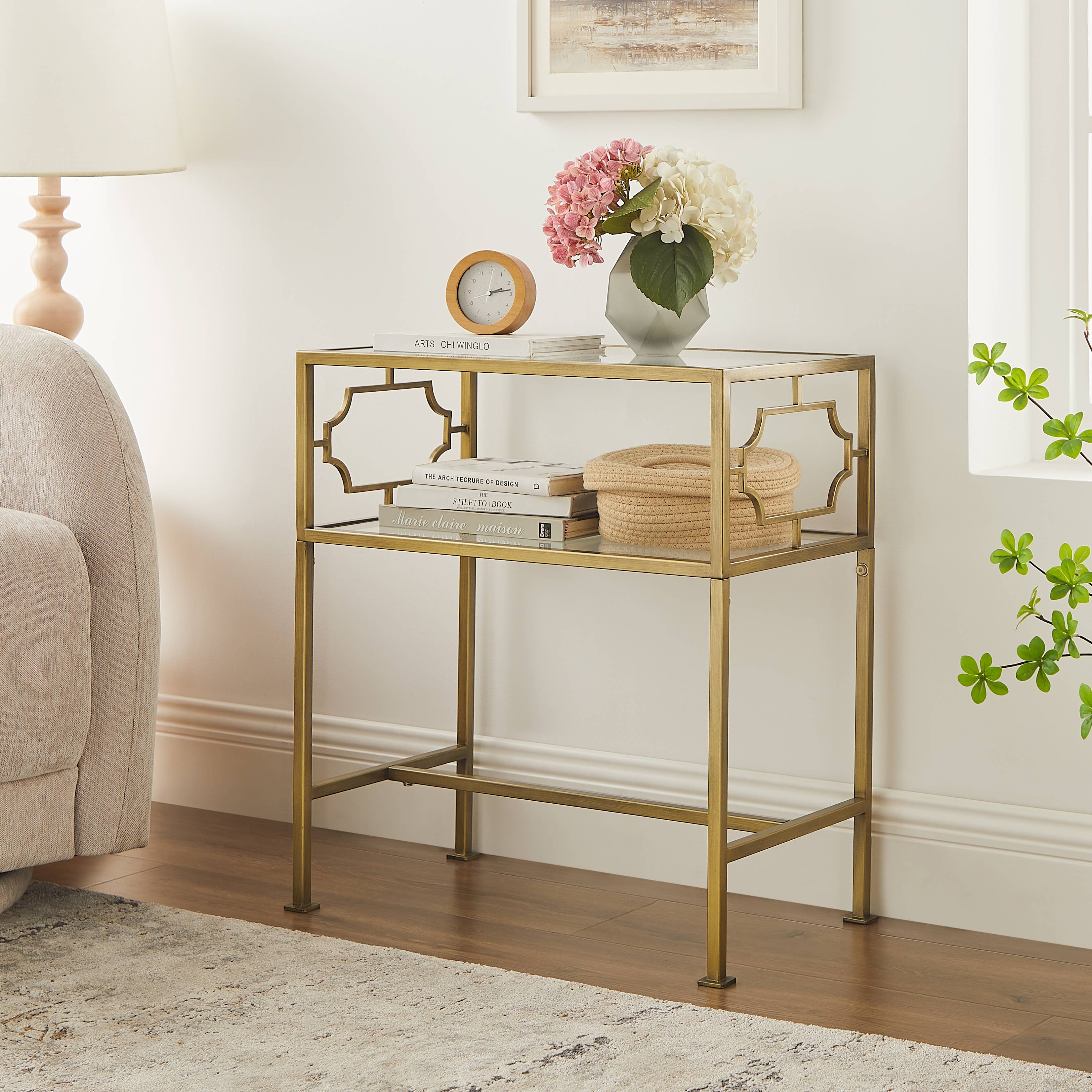 Gretna Rectangular Antique Gold Metal and Glass Accent Table