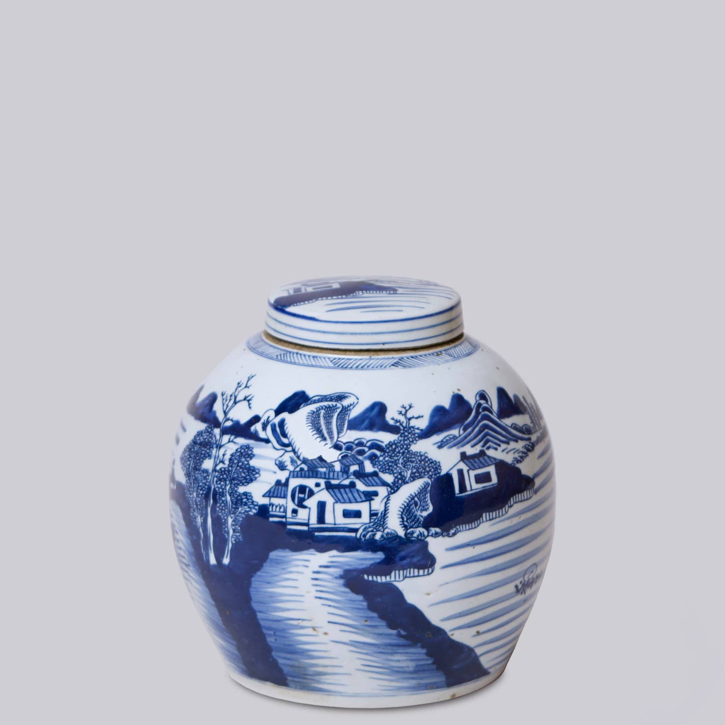 Blue and White Porcelain Landscape Storage Jar