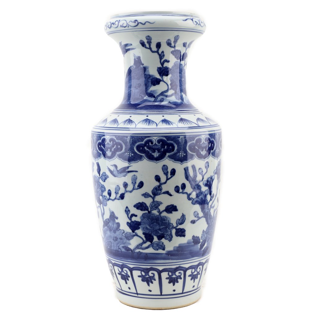 9.5L X 9.5W X 20.375H- VASE - FLORAL AND BIRDS - BLUE AND WHITE